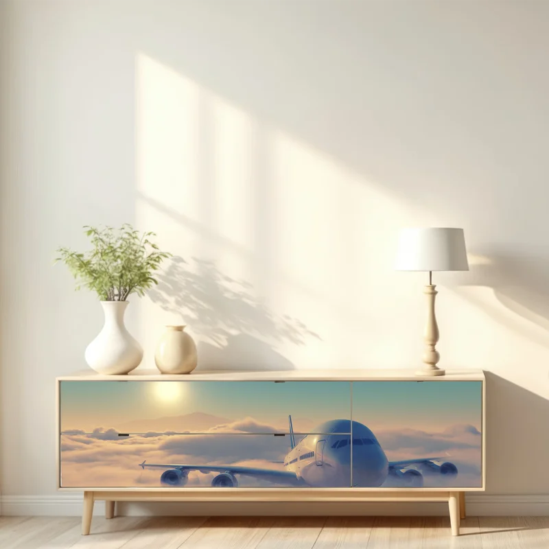 Repositionierbarer Aufkleber flugzeug über den wolken im morgengrauen