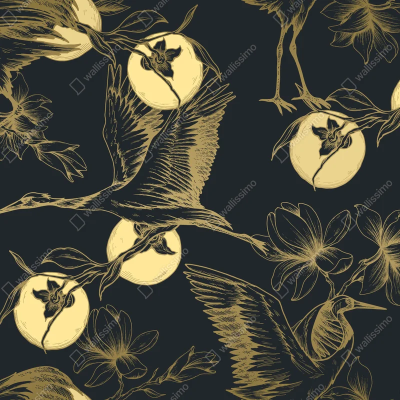 Fototapete goldene kraniche und mondmuster Fototapete goldene kraniche und mondmuster