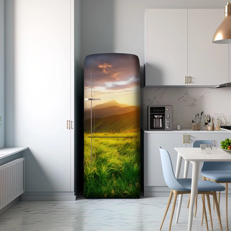 Kühlschrankaufkleber sonnige bergwiese bei sonnenaufgang