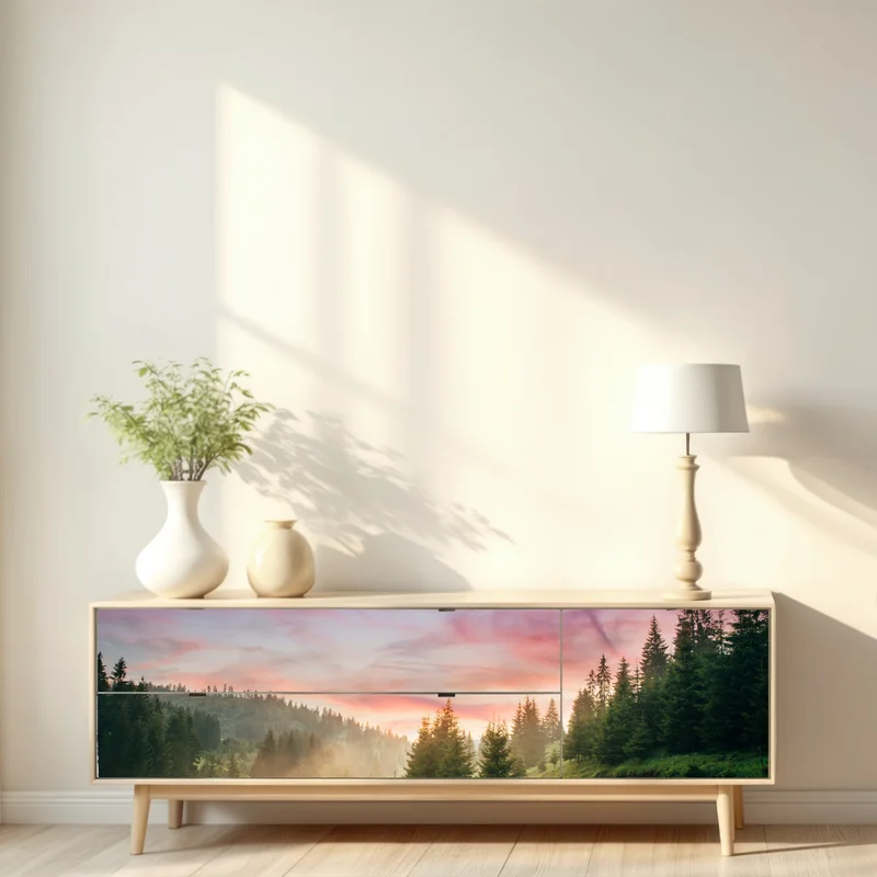 Repositionierbarer Aufkleber nebliger sonnenuntergang im kiefernwald