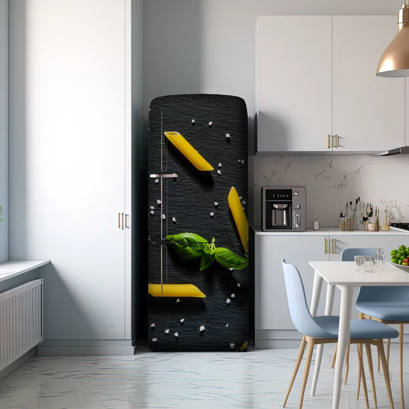 Kühlschrankaufkleber tomaten und penne auf schwarzem schiefer