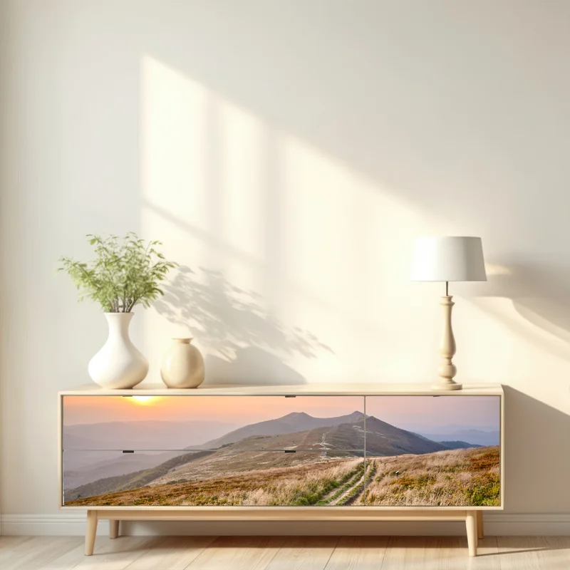 Repositionierbarer Aufkleber goldener bergweg bei sonnenuntergang