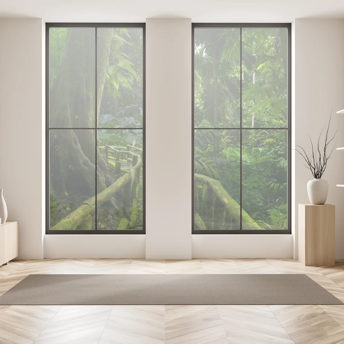 Fensteraufkleber ruhiger dschungelsteg durch üppigen regenwald Fensteraufkleber ruhiger dschungelsteg durch üppigen regenwald