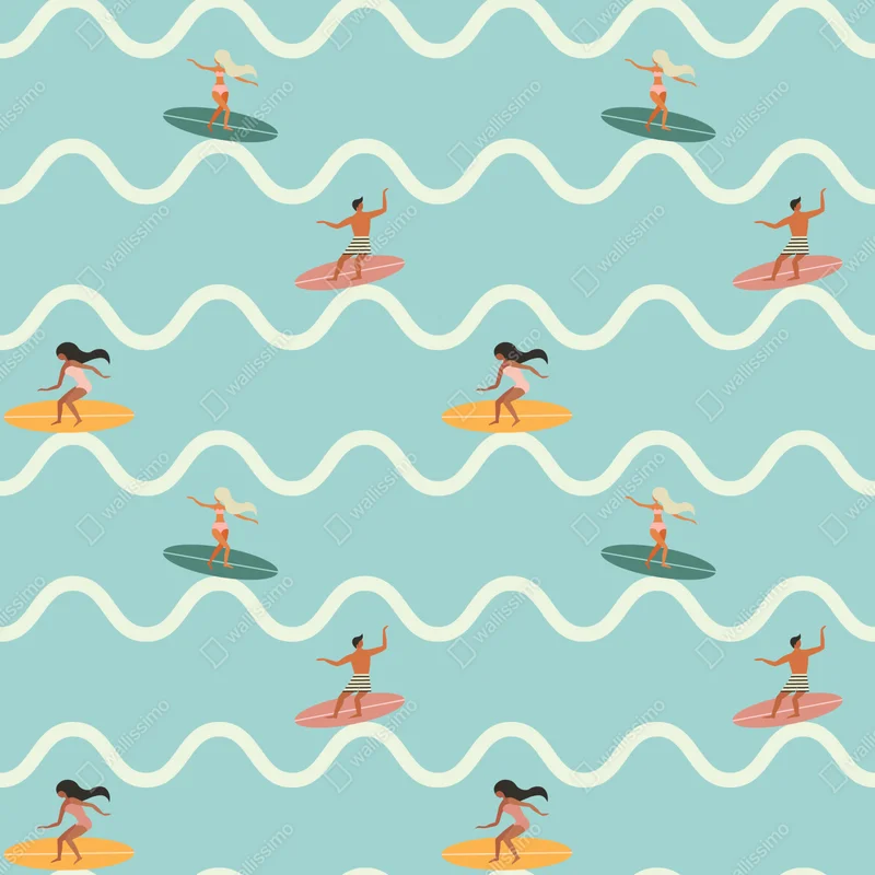 Fototapeta wzór z surferami na turkusowych falach Fototapeta wzór z surferami na turkusowych falach