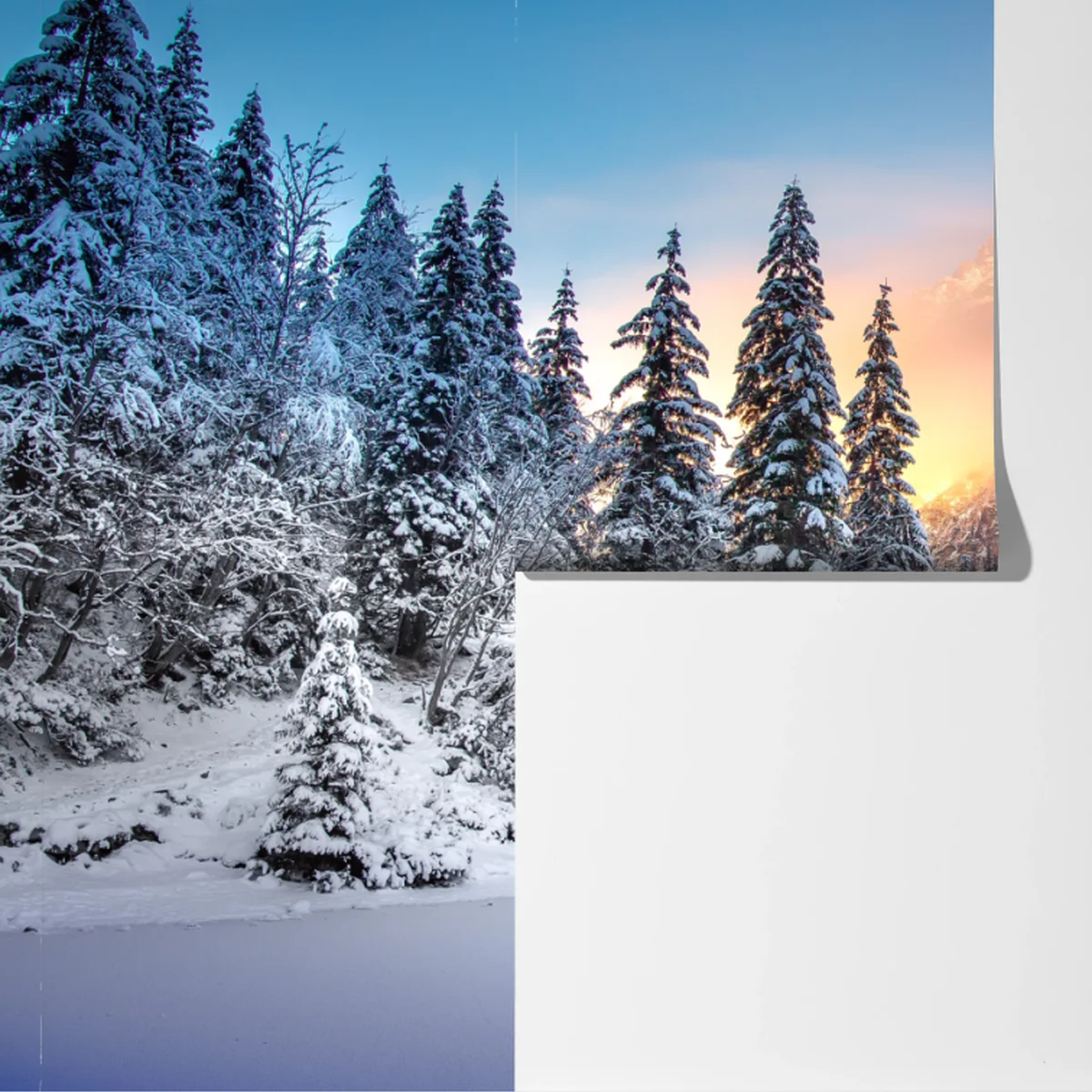 Fototapeta zima o wschodzie nad zaśnieżonym jeziorem górskim Fototapeta zima o wschodzie nad zaśnieżonym jeziorem górskim