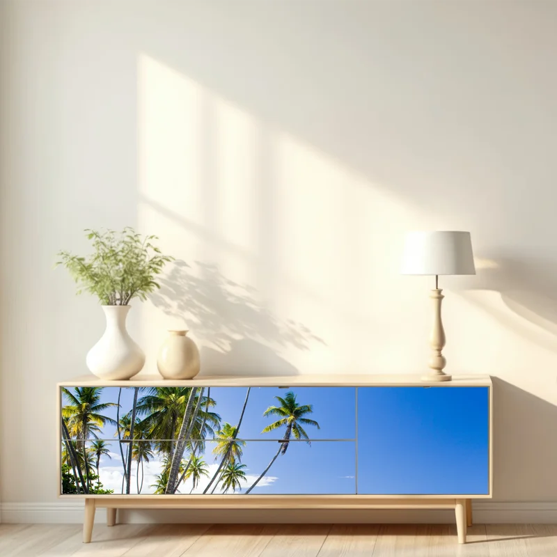 Repositionierbarer Aufkleber tropischer palmenstrand unter blauem himmel