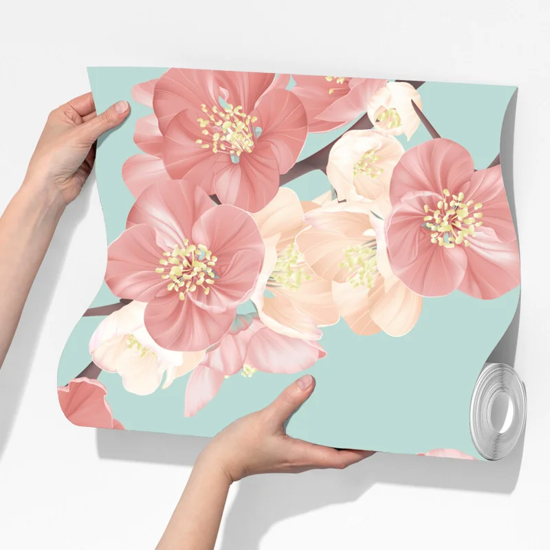 Fototapete pastelliges kirschblütenmuster auf mintfarbenem hintergrund Fototapete pastelliges kirschblütenmuster auf mintfarbenem hintergrund