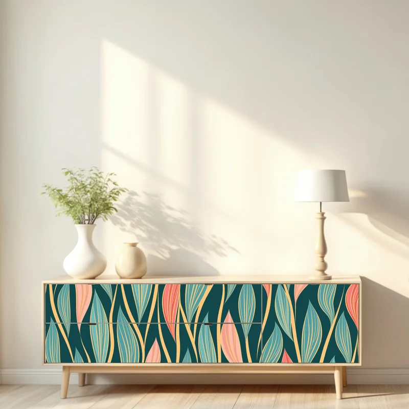 Repositionierbarer Aufkleber botanisches blattmuster in türkis und koralle Repositionierbarer Aufkleber botanisches blattmuster in türkis und koralle