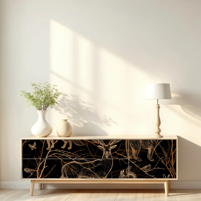 Repositionierbarer Aufkleber goldene waldtiere auf schwarzem hintergrund