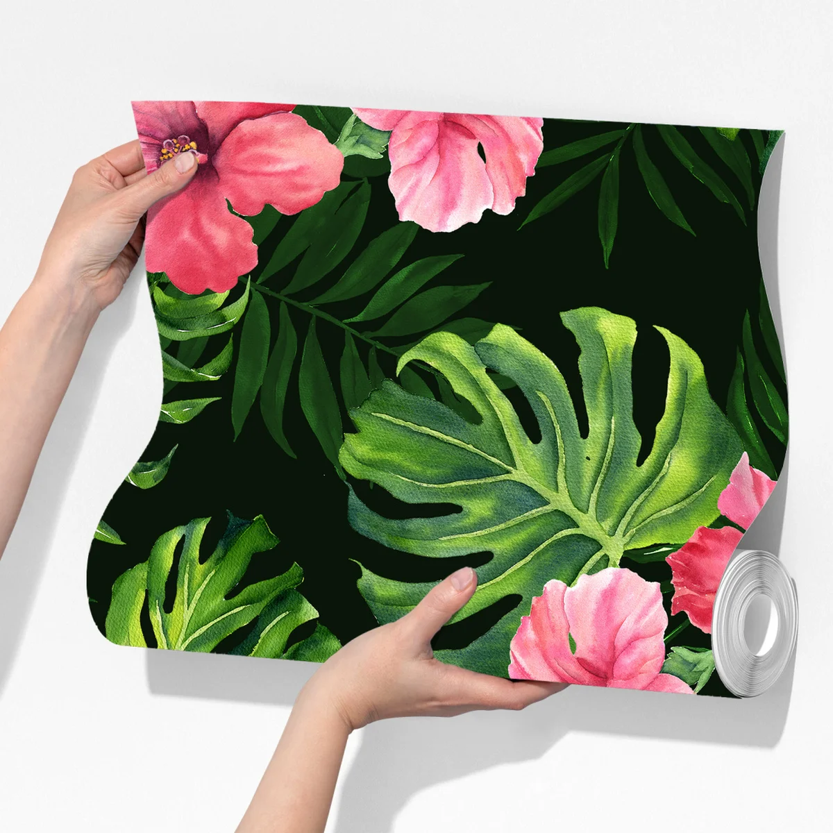 Fototapete tropisches monstera- und hibiskus-motiv Fototapete tropisches monstera- und hibiskus-motiv