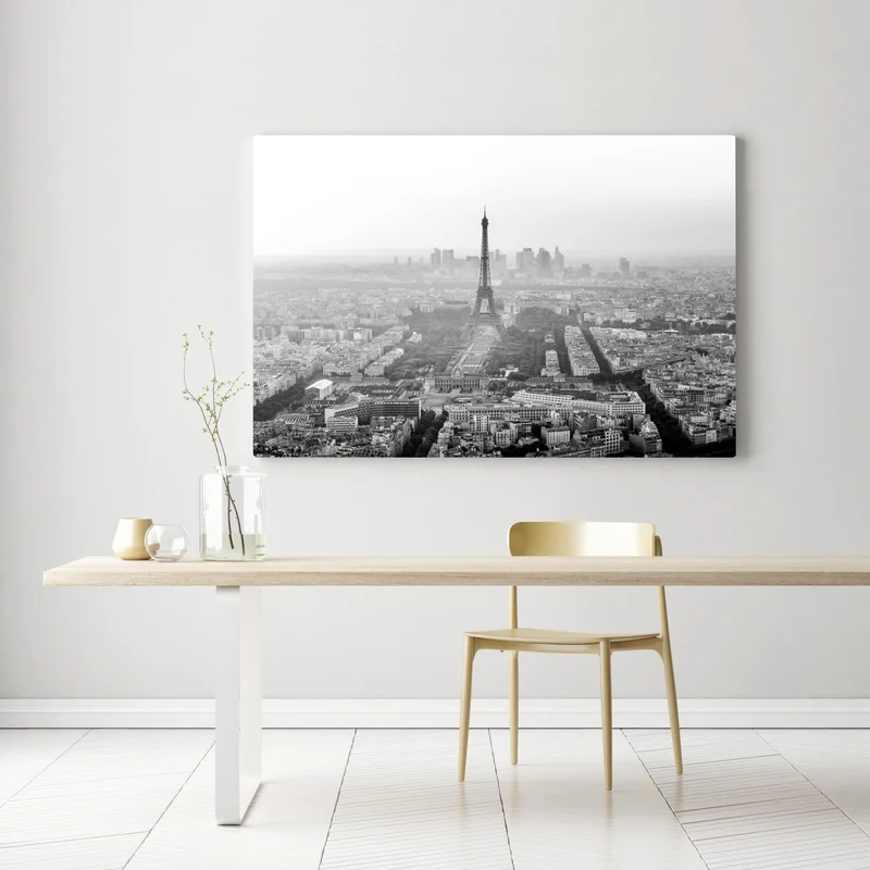 Leinwandbild elegante Eiffelturm luftaufnahme in graustufen Leinwandbild elegante Eiffelturm luftaufnahme in graustufen