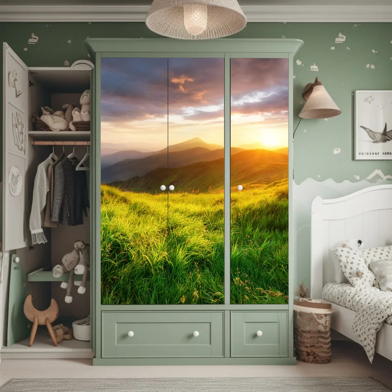 Schrankaufkleber sonnige bergwiese bei sonnenaufgang