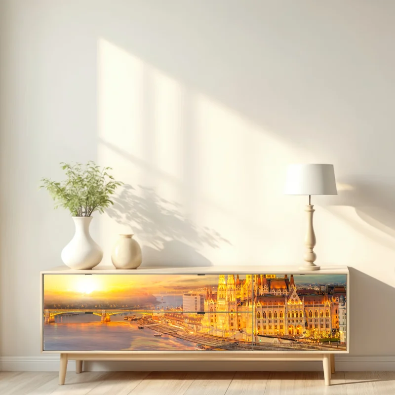 Repositionierbarer Aufkleber goldener sonnenuntergang über dem parlament von Budapest