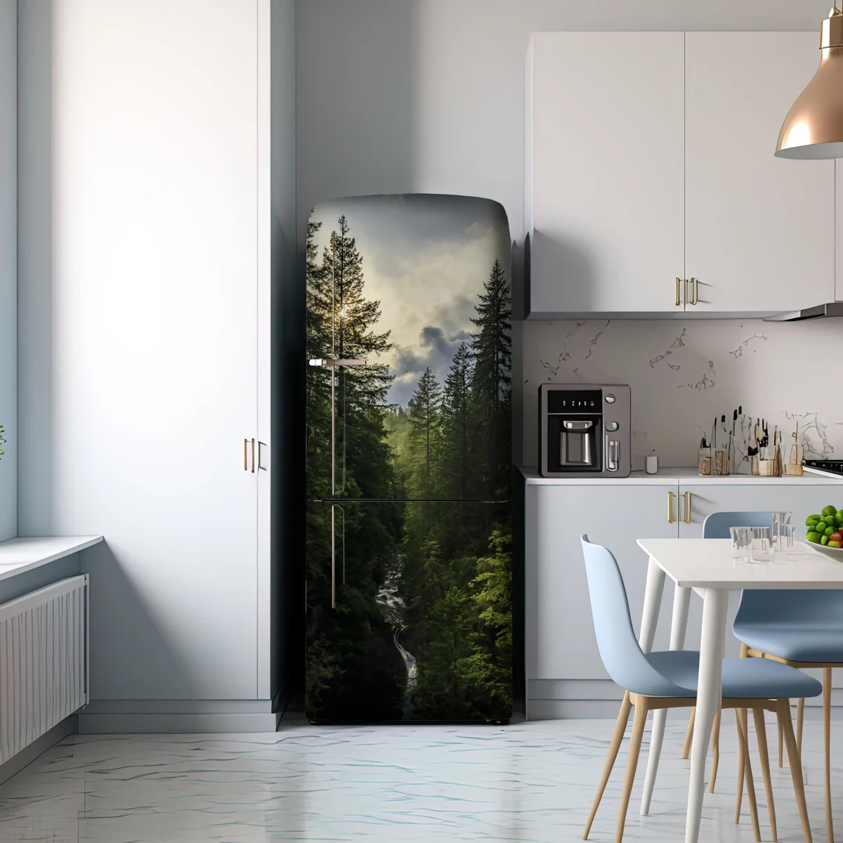 Kühlschrankaufkleber nebliger immergrüner wald mit wasserfall Kühlschrankaufkleber nebliger immergrüner wald mit wasserfall