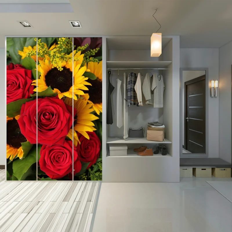 Schrankaufkleber rote rosen und sonnenblumen im bukett