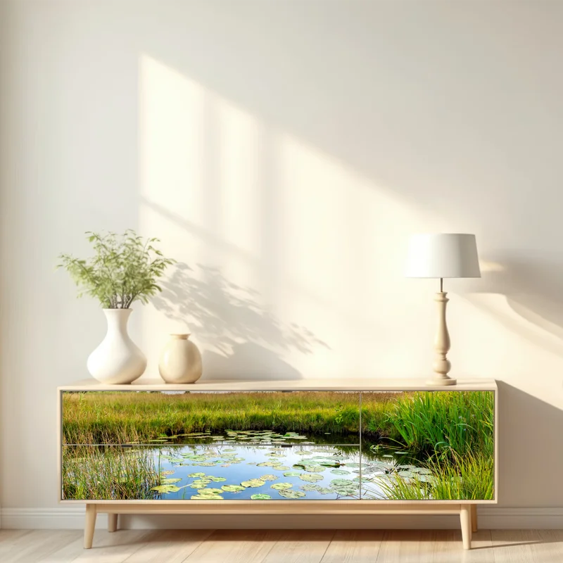 Repositionierbarer Aufkleber ruhiger seerosen-teich in der wiese