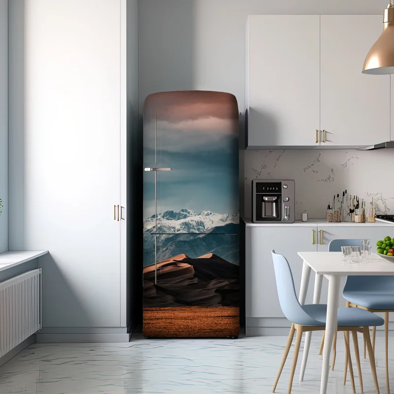 Kühlschrankaufkleber wüstendünen vor schneebedeckten gipfeln