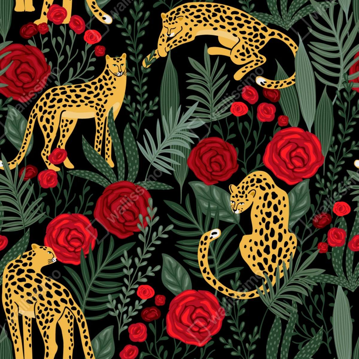 Leinwandbild goldene geparden und rote rosen muster Leinwandbild goldene geparden und rote rosen muster