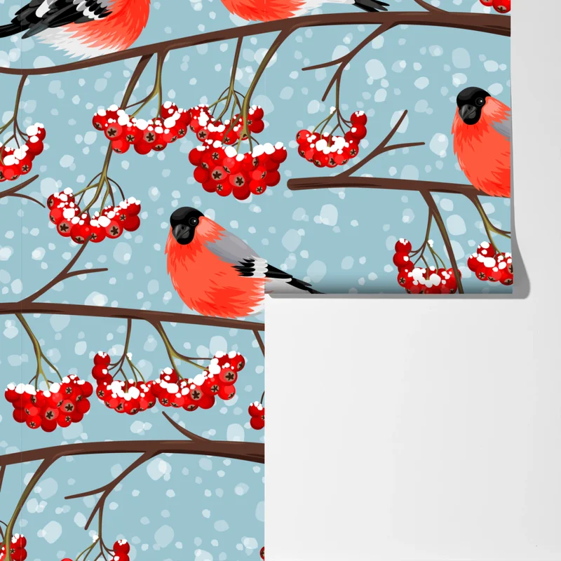 Fototapete winterliche gimpel und vogelbeeren - muster Fototapete winterliche gimpel und vogelbeeren - muster