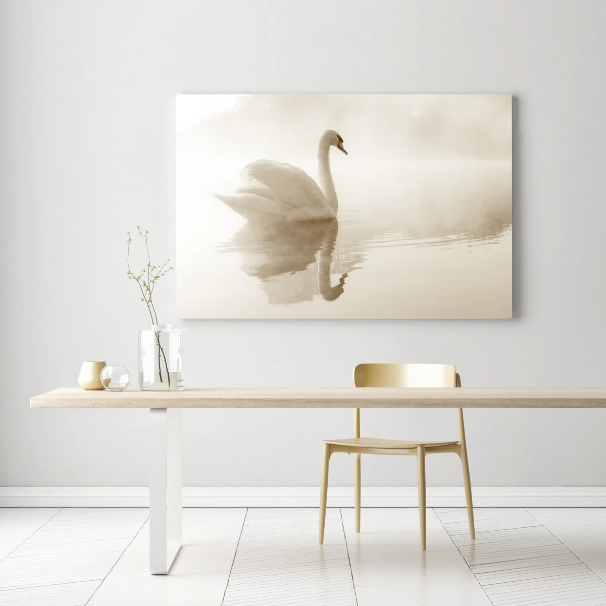 Leinwandbild eleganter schwan im nebel Leinwandbild eleganter schwan im nebel