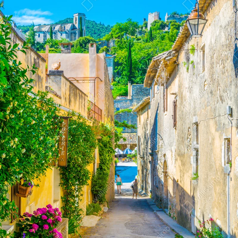 Türaufkleber sonnenbeschienene gasse in einem mediterranen dorf Türaufkleber sonnenbeschienene gasse in einem mediterranen dorf
