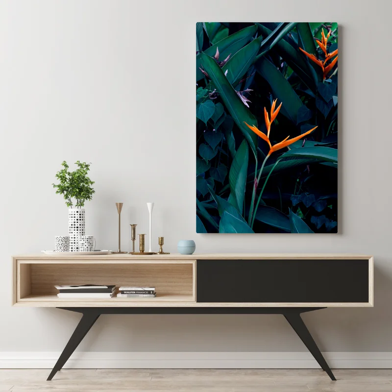 Leinwandbild leuchtende strelitzie vor tiefgrünen blättern Leinwandbild leuchtende strelitzie vor tiefgrünen blättern