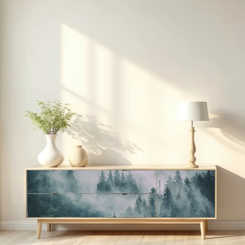 Repositionierbarer Aufkleber nebliger immergrüner wald