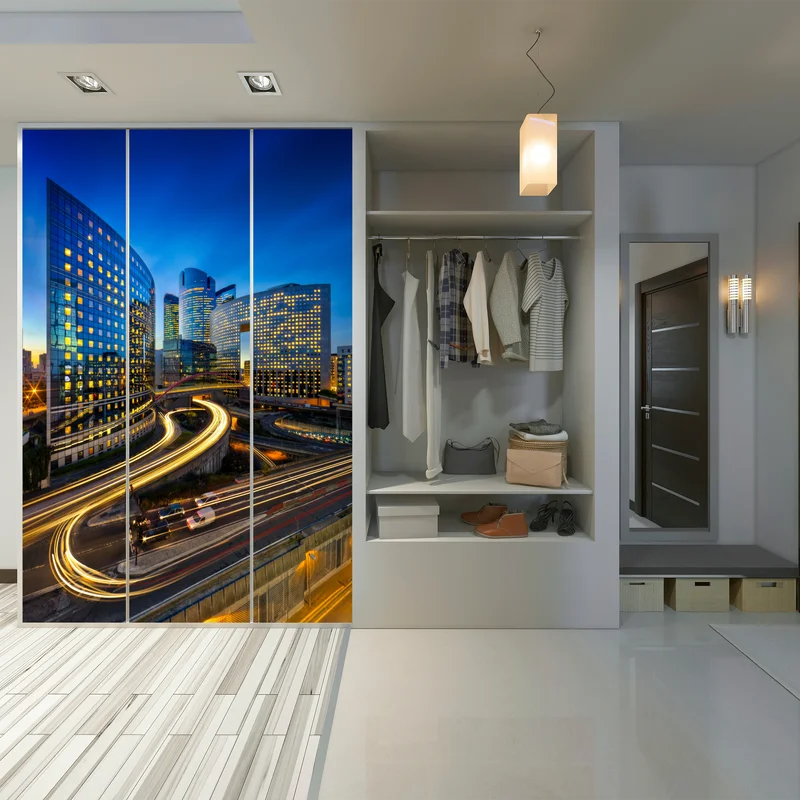 Schrankaufkleber moderne stadtsilhouette bei dämmerung