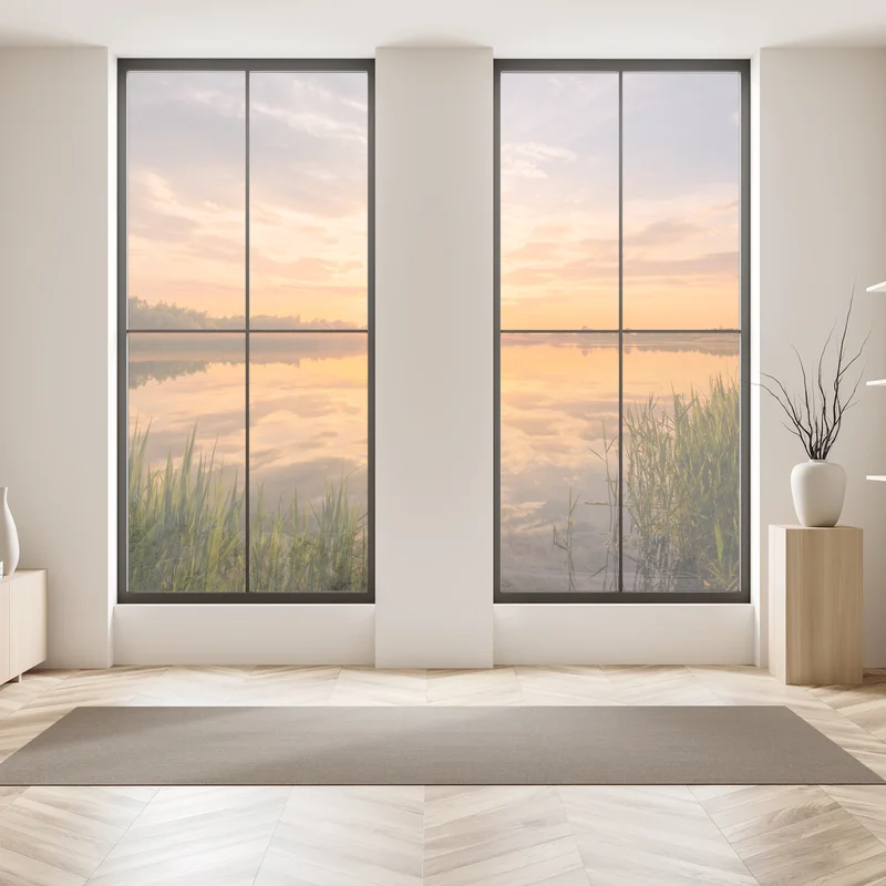 Fensteraufkleber goldener sonnenuntergang über idyllischem see