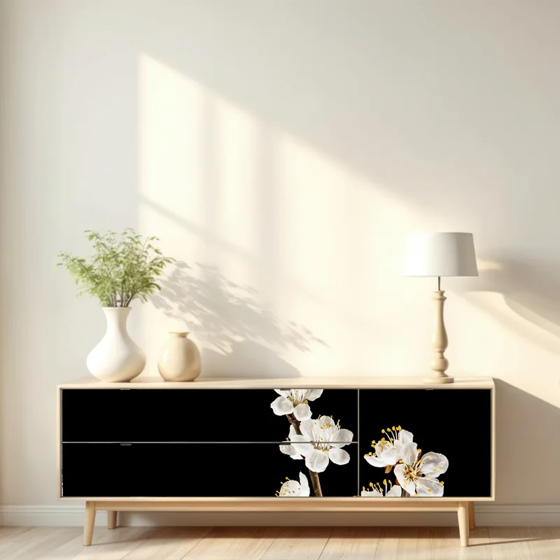 Repositionierbarer Aufkleber zarter zweig mit aprikosenblüten auf schwarzem hintergrund