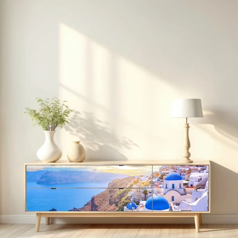 Repositionierbarer Aufkleber sonniges Oia auf der caldera von Santorini