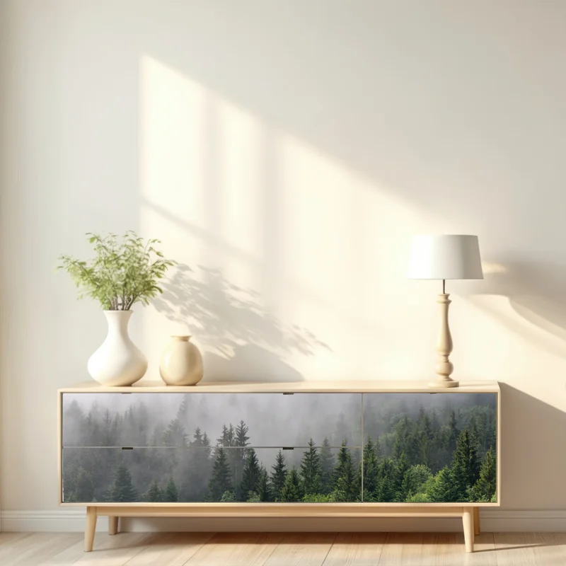 Repositionierbarer Aufkleber nebliger immergrüner wald panorama