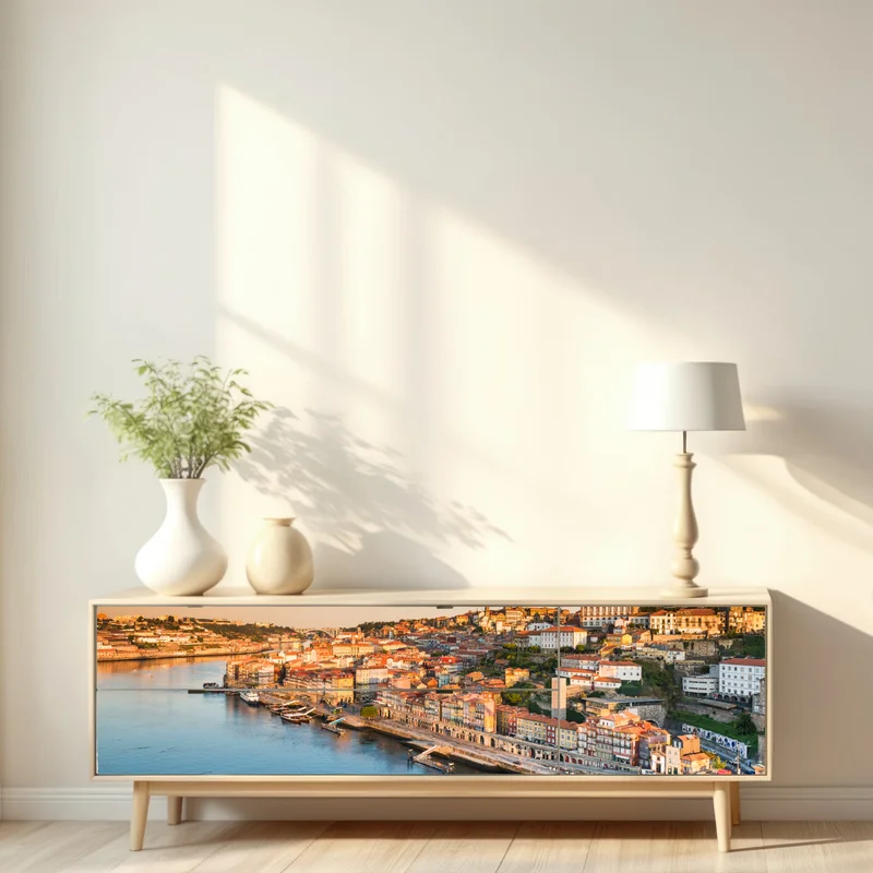 Repositionierbarer Aufkleber sonnige Porto ufer-skyline im goldenen licht Repositionierbarer Aufkleber sonnige Porto ufer-skyline im goldenen licht