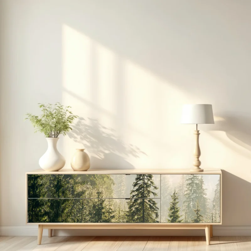 Repositionierbarer Aufkleber nebliger fichtenwald im morgenlicht