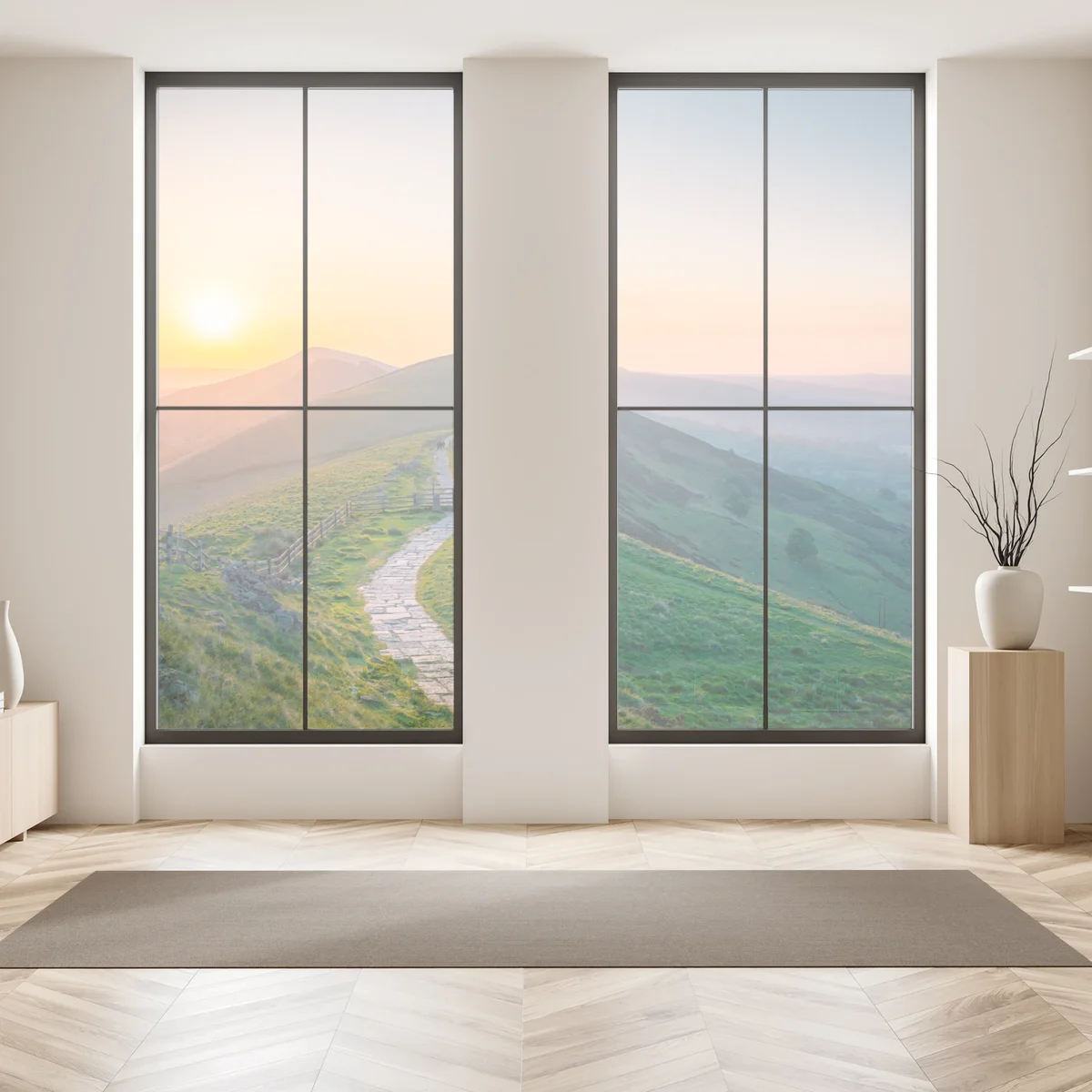 Fensteraufkleber sonnenaufgang über grünen hügeln mit steinweg Fensteraufkleber sonnenaufgang über grünen hügeln mit steinweg