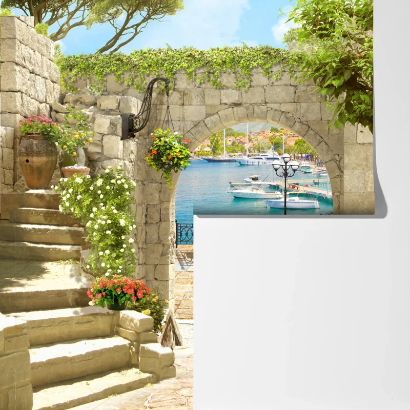 Fototapeta śródziemnomorski widok przez arkadę Fototapeta śródziemnomorski widok przez arkadę