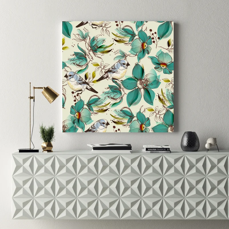 Leinwandbild retro türkis blumen- und vogelmuster Leinwandbild retro türkis blumen- und vogelmuster