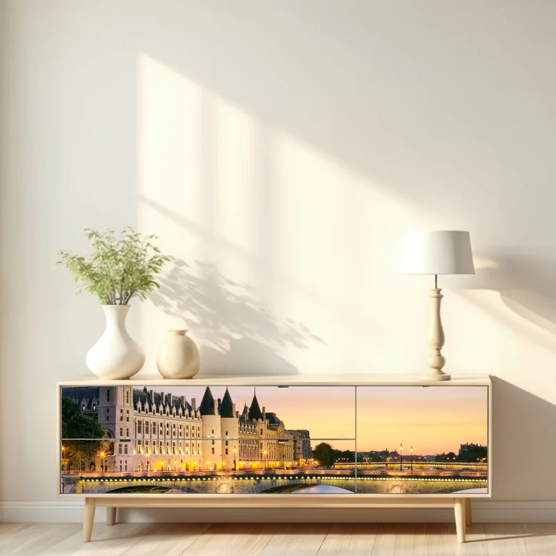 Repositionierbarer Aufkleber Paris sonnenuntergang über der historischen brücke