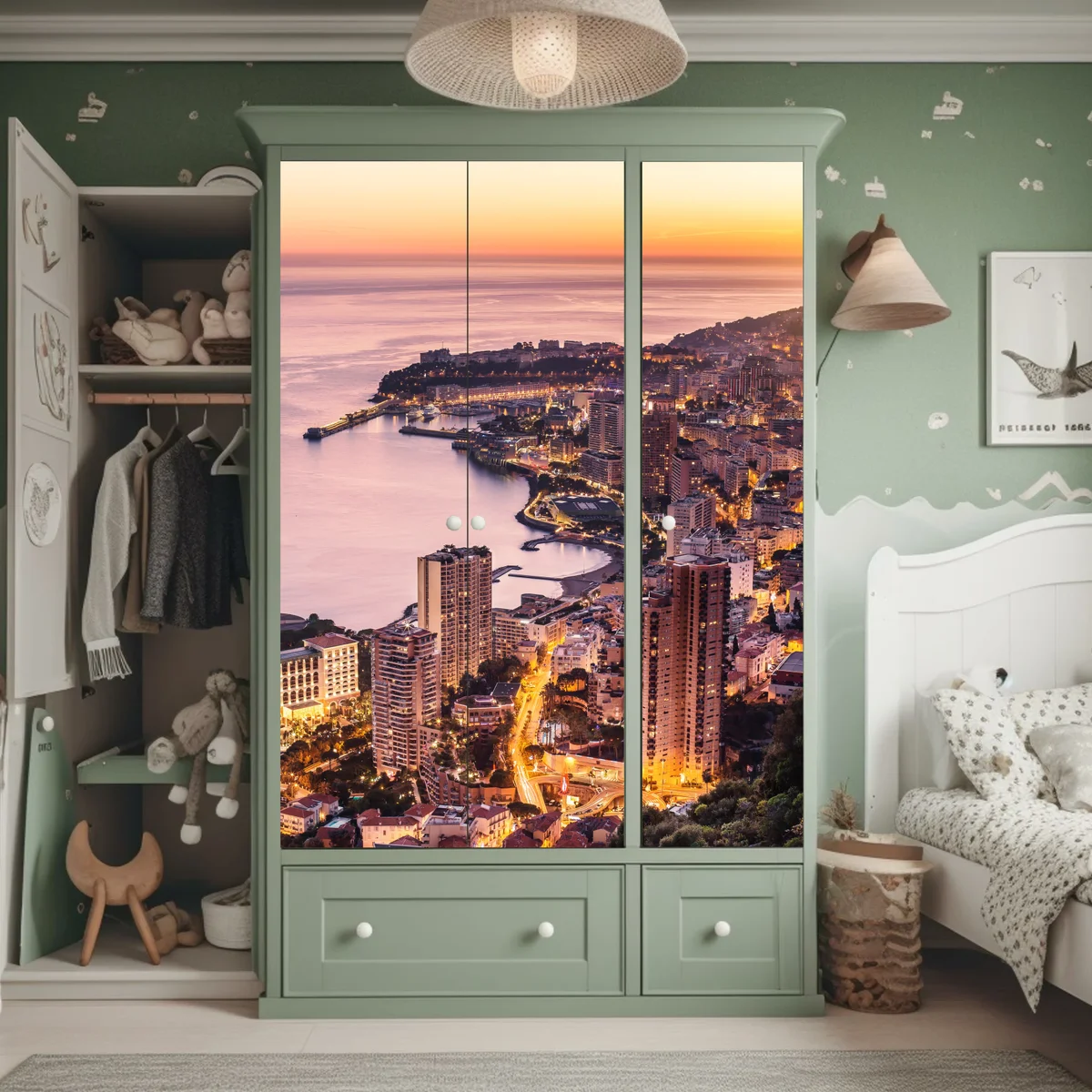 Schrankaufkleber sonnenuntergang über der städtischen küstenlinie Schrankaufkleber sonnenuntergang über der städtischen küstenlinie