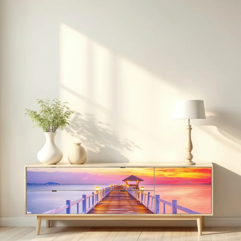 Repositionierbarer Aufkleber sonnenuntergang am steg zum ruhigen horizont