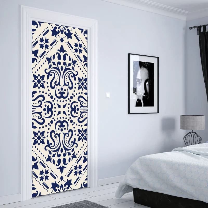 Türaufkleber marineblaues damast-fliesenmuster Türaufkleber marineblaues damast-fliesenmuster