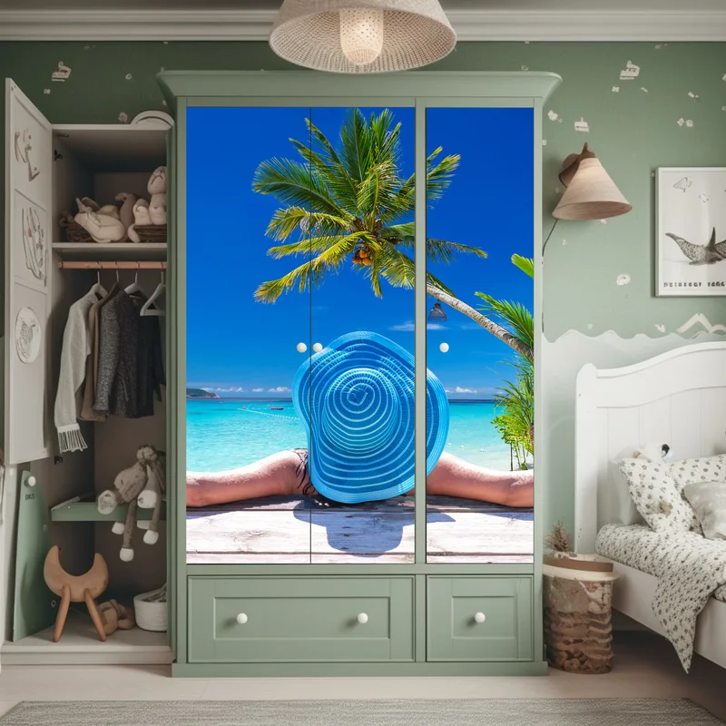 Schrankaufkleber tropischer strand mit blauem sonnenhut