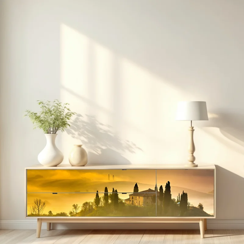 Repositionierbarer Aufkleber Toskana bei sonnenaufgang über goldenen hügeln