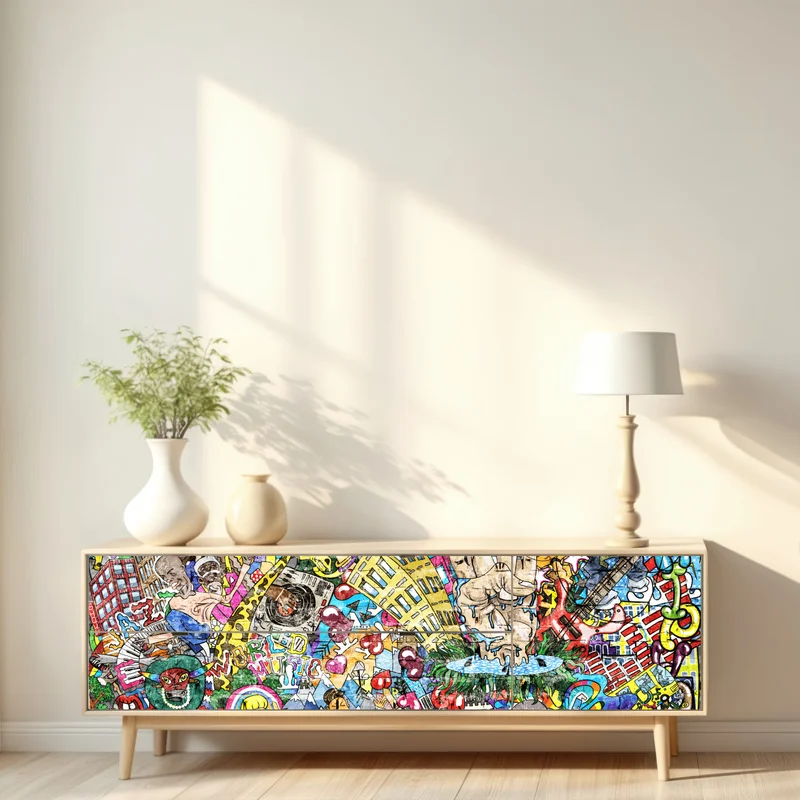 Repositionierbarer Aufkleber farbenfrohes urbanes musikmural