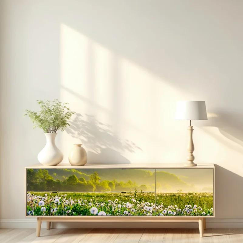 Repositionierbarer Aufkleber neblige löwenzahnwiese im sonnenaufgang