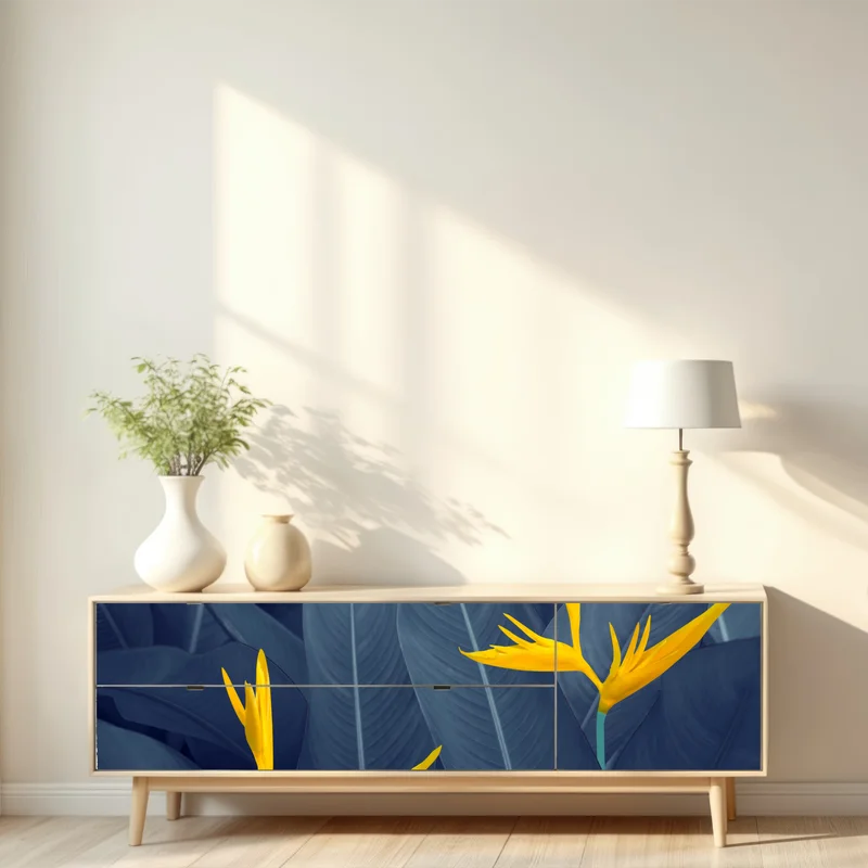 Repositionierbarer Aufkleber gelbe strelitzie auf blauen blättern Repositionierbarer Aufkleber gelbe strelitzie auf blauen blättern