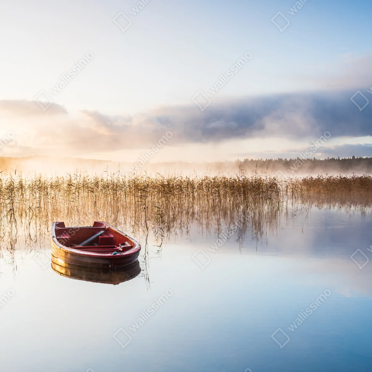 Fototapete nebliger morgen am see mit rotem boot Fototapete nebliger morgen am see mit rotem boot