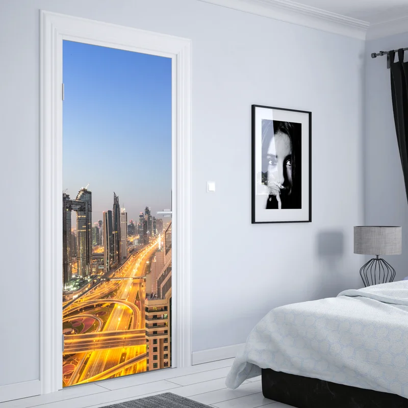 Türaufkleber skyline von Dubai bei dämmerung