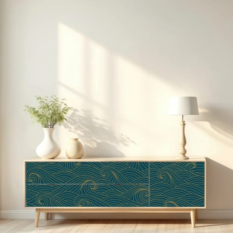 Repositionierbarer Aufkleber türkiswellenmuster mit goldlinien
