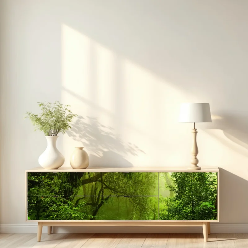 Repositionierbarer Aufkleber üppiger grüner waldpfad